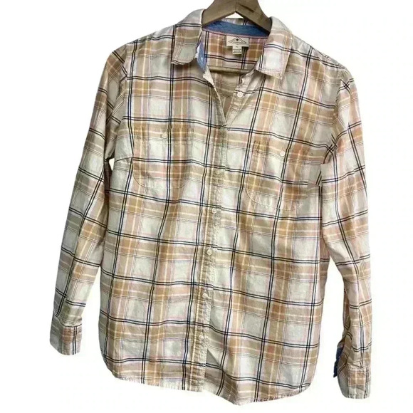 St. John’s Bay Beige Pink Blue Plaid Button Down | Size Petite Large - Picture 1 of 4